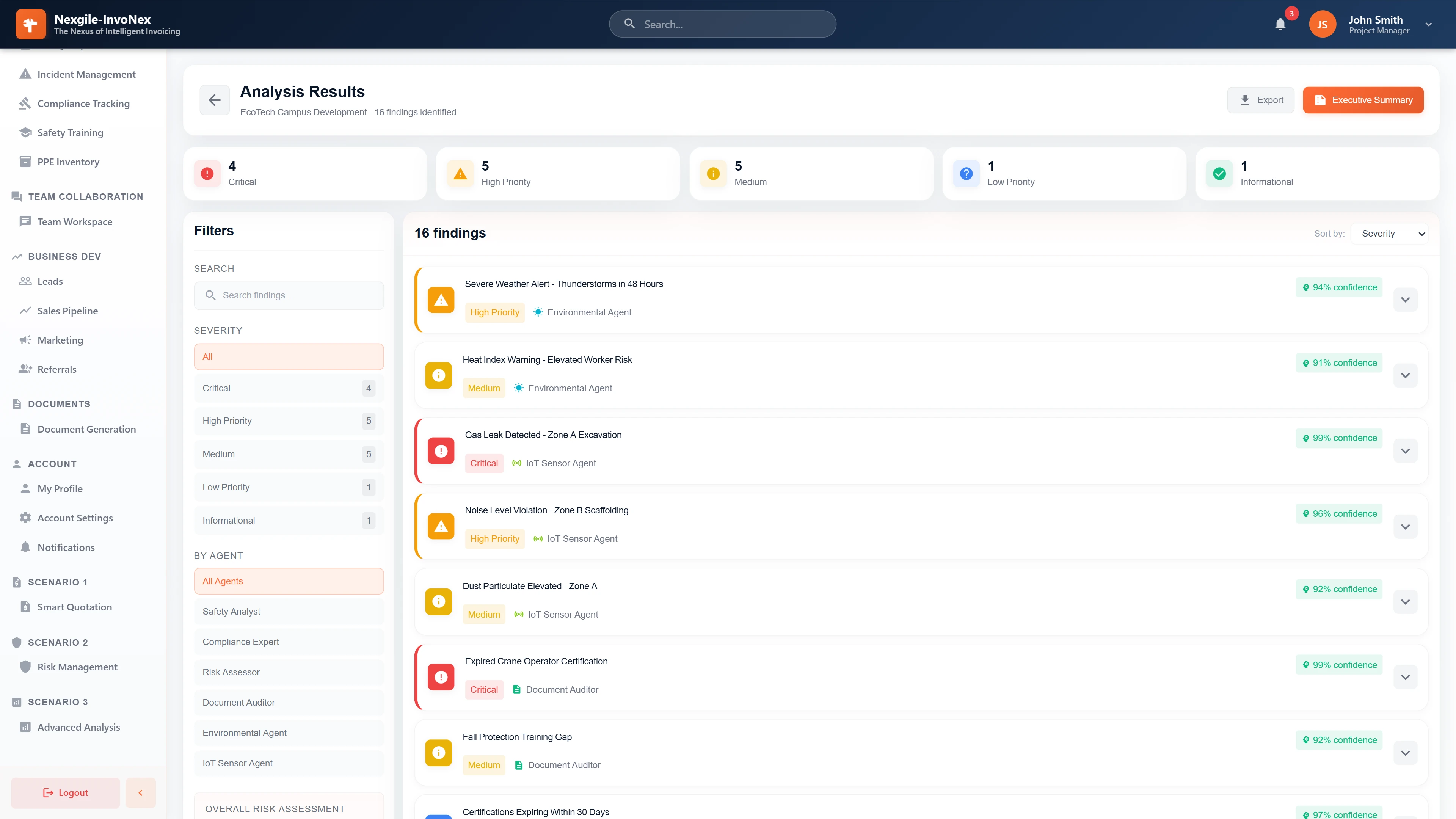 Analysis Results - 16 findings categorized by severity with filterable list showing weather alerts, gas leaks, noise violations, expired certifications, and training gaps.
